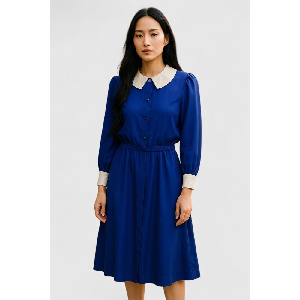 VTG 80s Leslie Fay Dress Sz 12 Blue Satin White Collar Cuffs Rhinestones Career